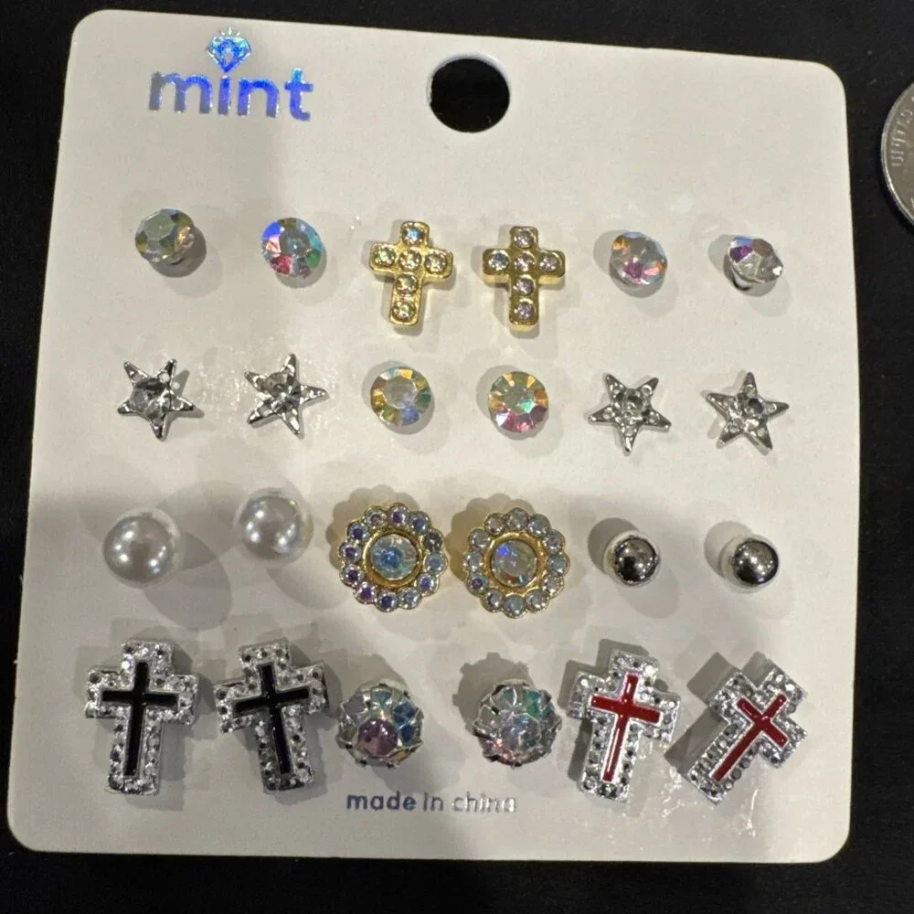 Mint 24 Pc Set Studs Faux Pearl Rhinestone Cross Bows Earrings MultiPack NEW